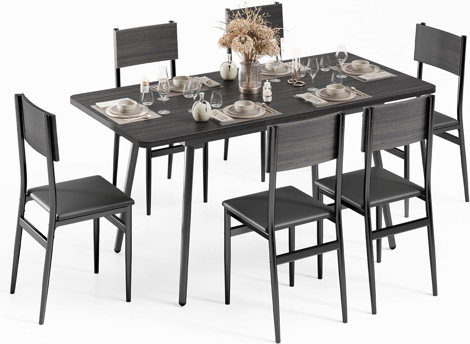 Juego de mesa de comedor extensible de 7 piezas con 6 sillas acolchadas, juego