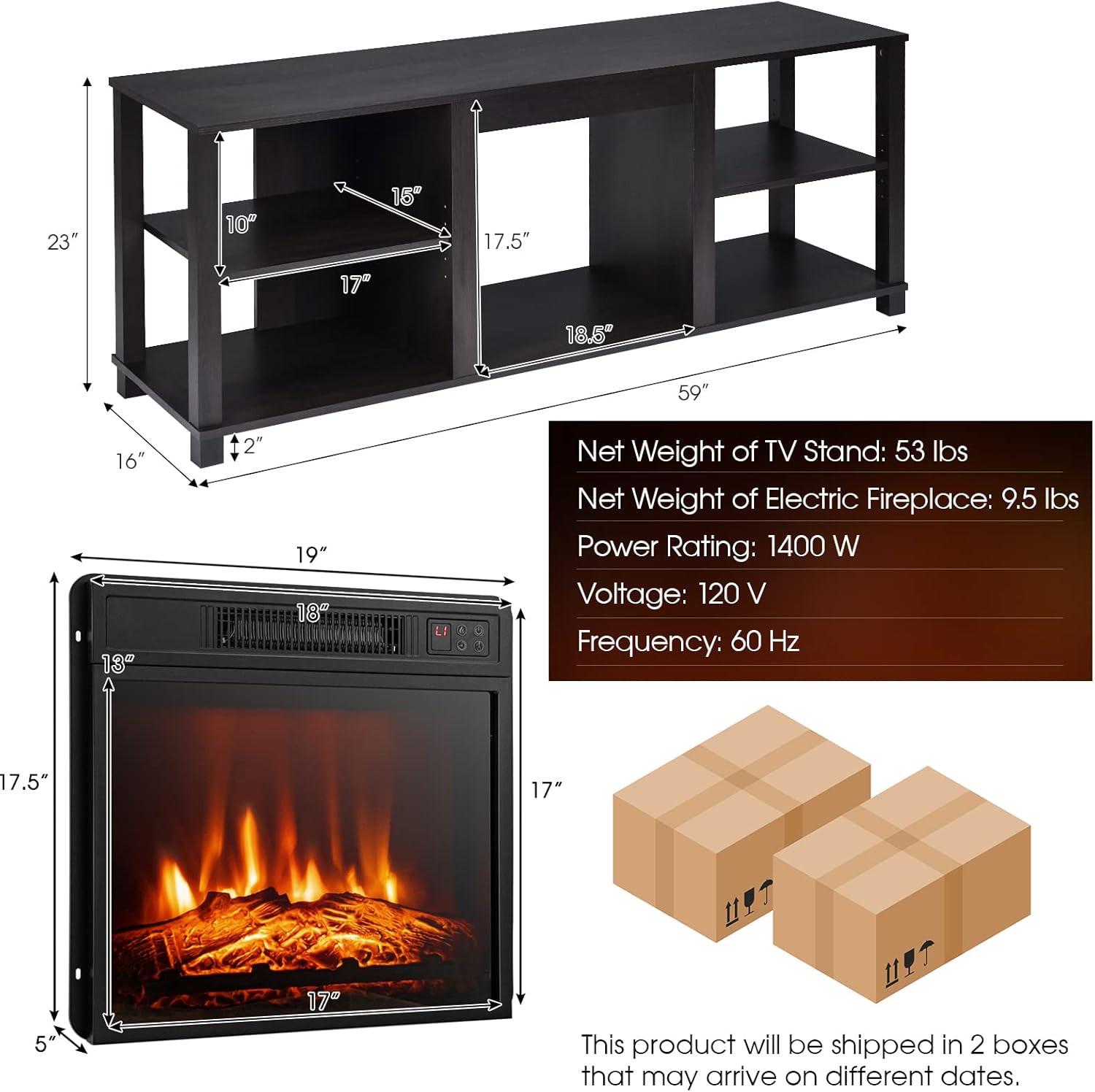 SIMOE Soporte de TV con chimenea de 59 pulgadas, soporte de TV con chimenea...