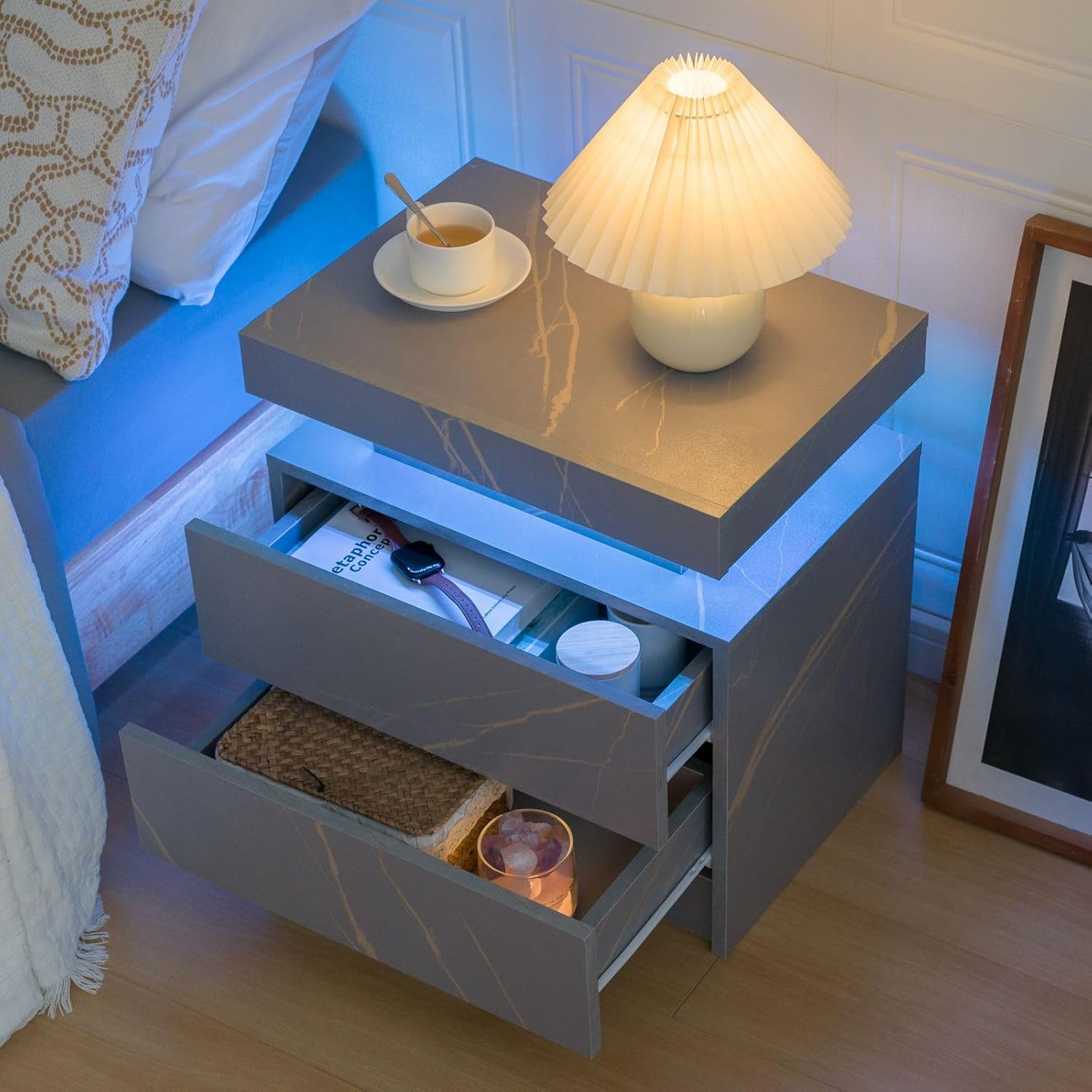 Mesita de noche LED con 2 cajones, mueble de madera con luces LED para...