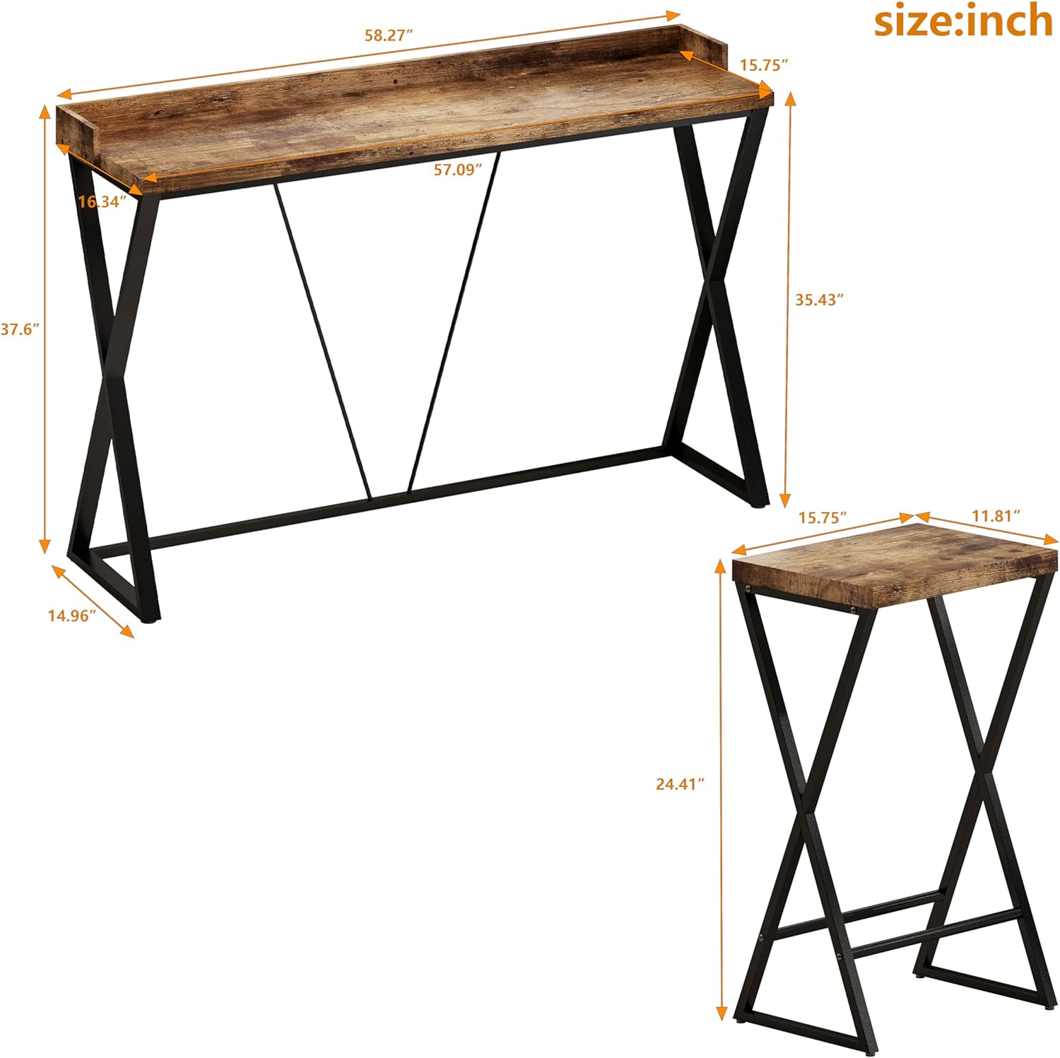 Juego de 4 mesas de comedor largas rústicas con 3 taburetes, mesa de pub y