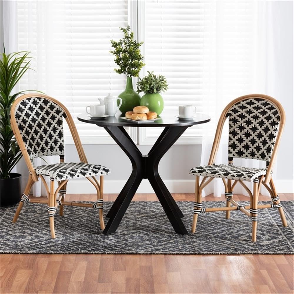 Baxton Studio Ambre Francés Blanco y Negro Tejido Natural Rattan Bistro Silla