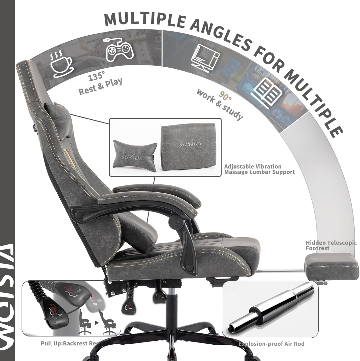 Silla de juegos con reposapiés, silla ergonómica para computadora, cojín lumbar...