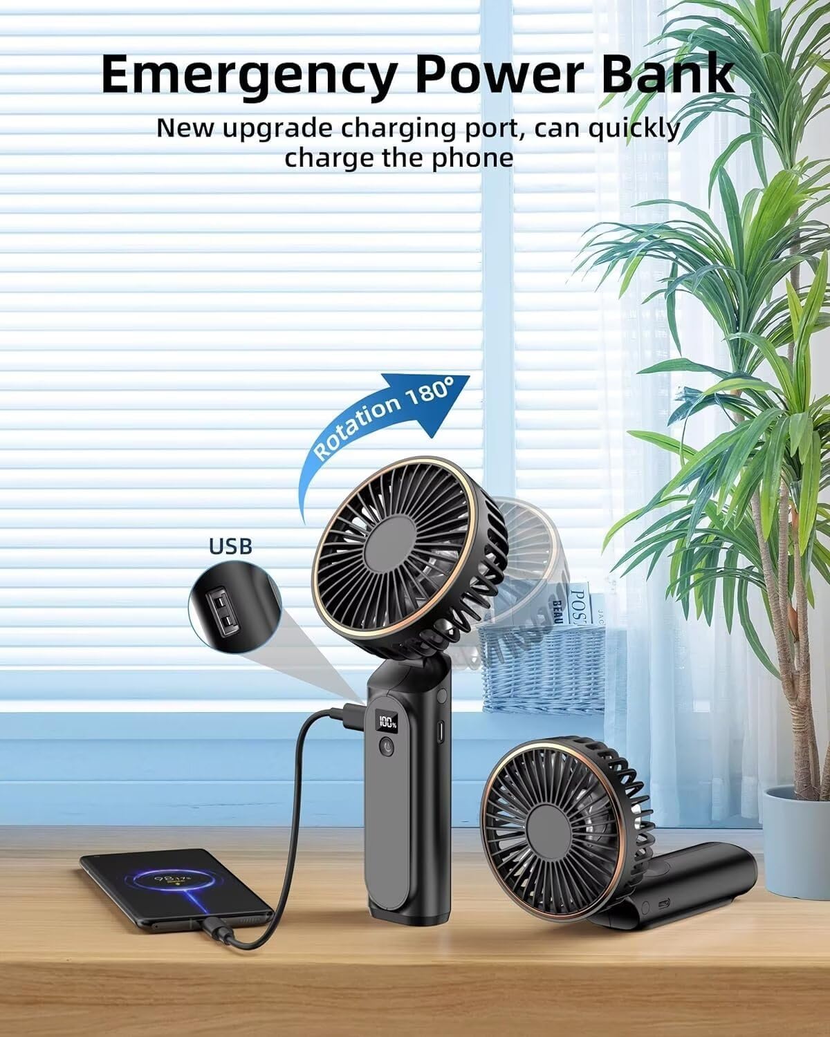 Ventilador de mano portátil recargable, 4000 mAh, ajustable en 180, 6...