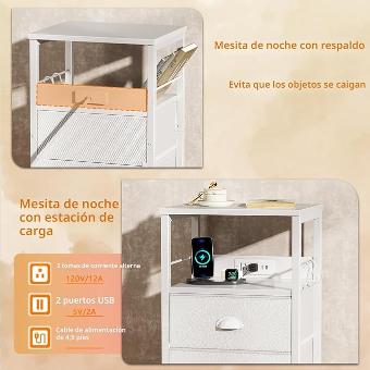 Mesa auxiliar con estación de carga Furologee, con cajones de tela, puertos USB y tomacorrientes