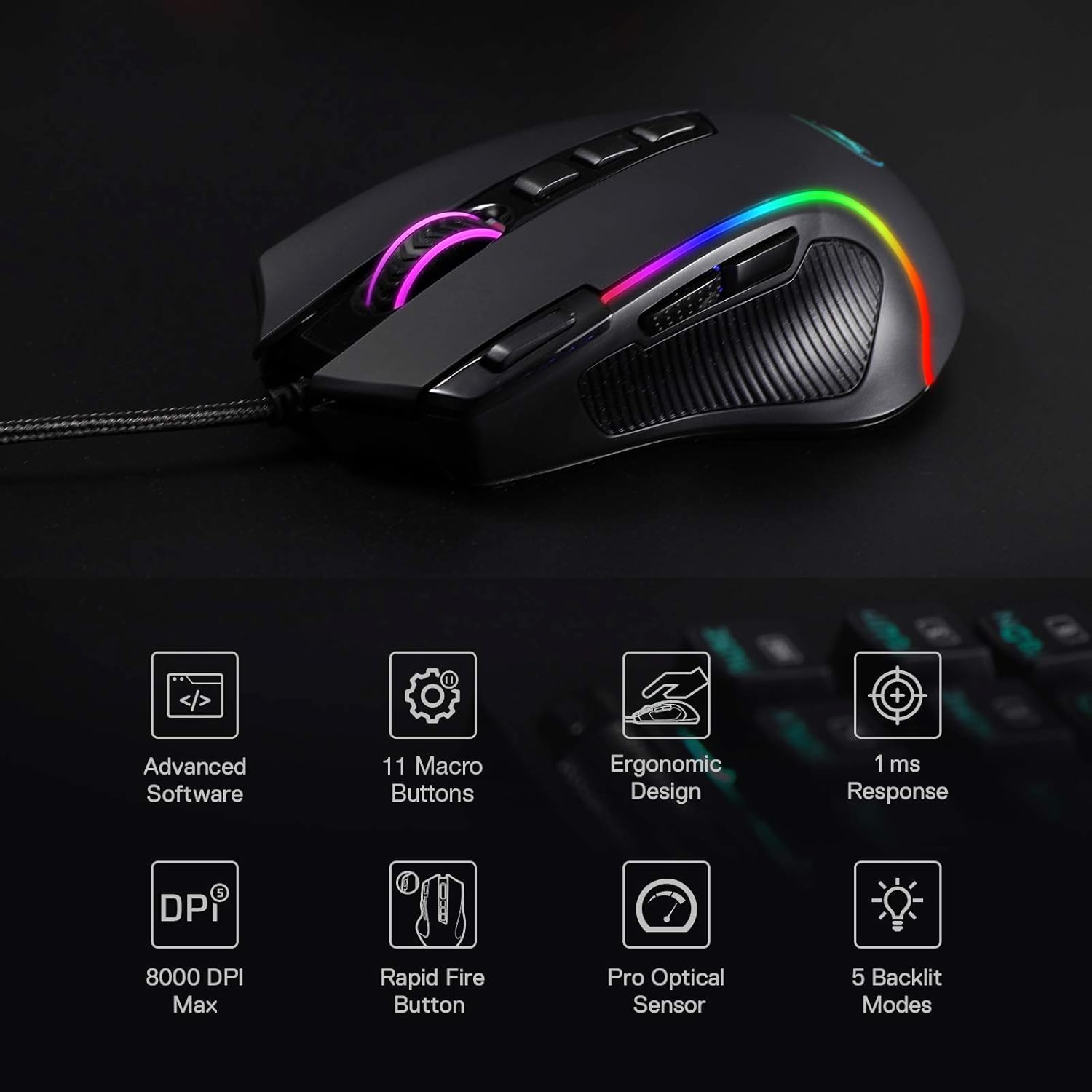 Redragon M612 Predator RGB Mouse para juegos, 8000 DPI con cable óptico con 11...
