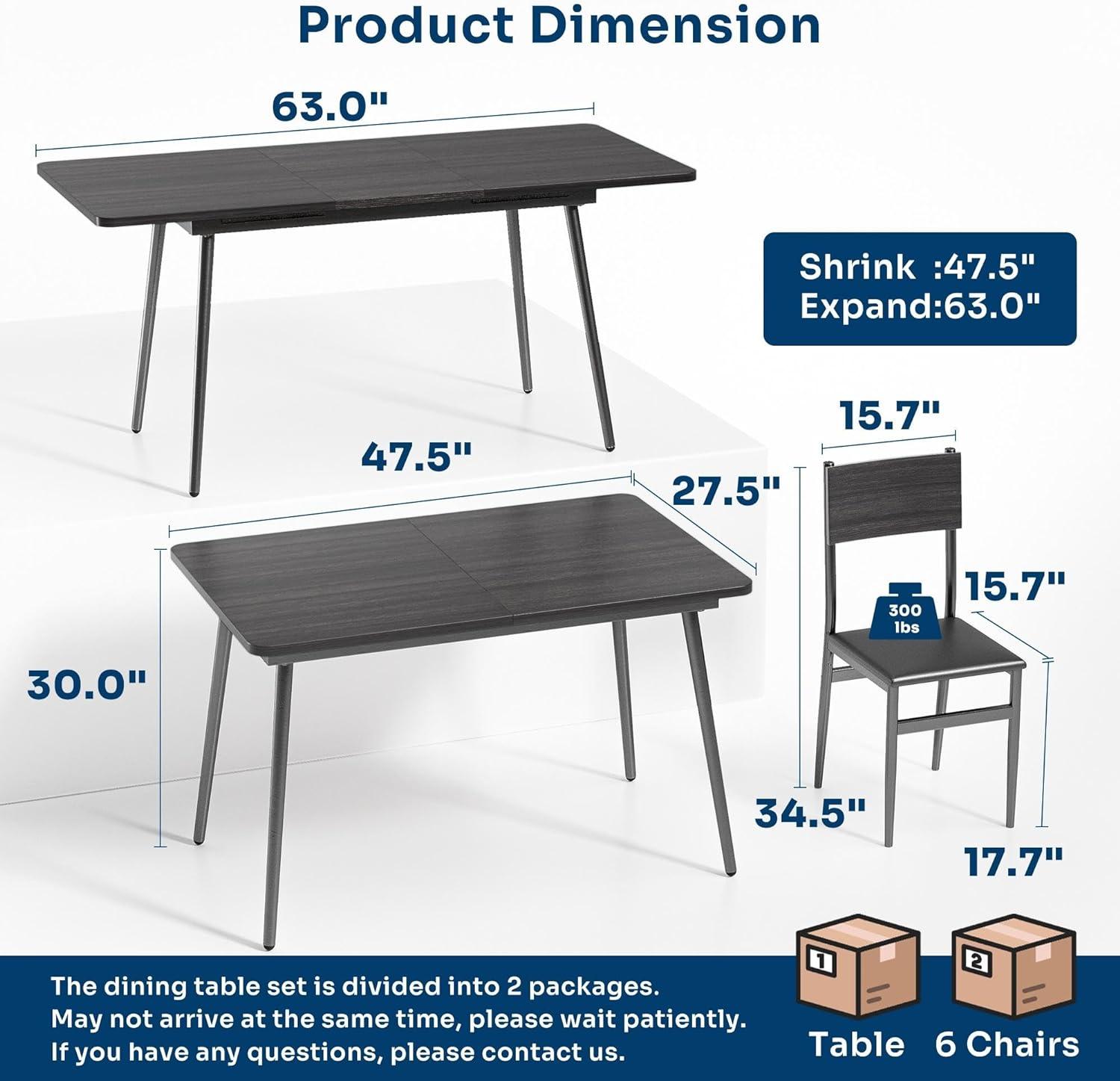 Juego de mesa de comedor extensible de 7 piezas con 6 sillas acolchadas, juego