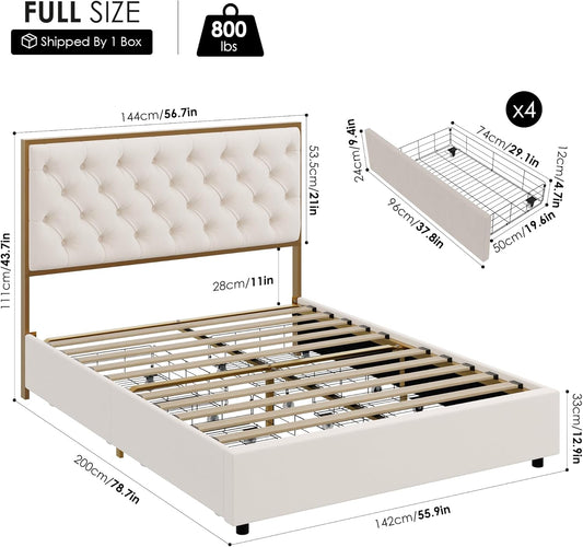 HIFIT Base de cama tapizada tamaño matrimonial con 4 cajones de almacenamiento...