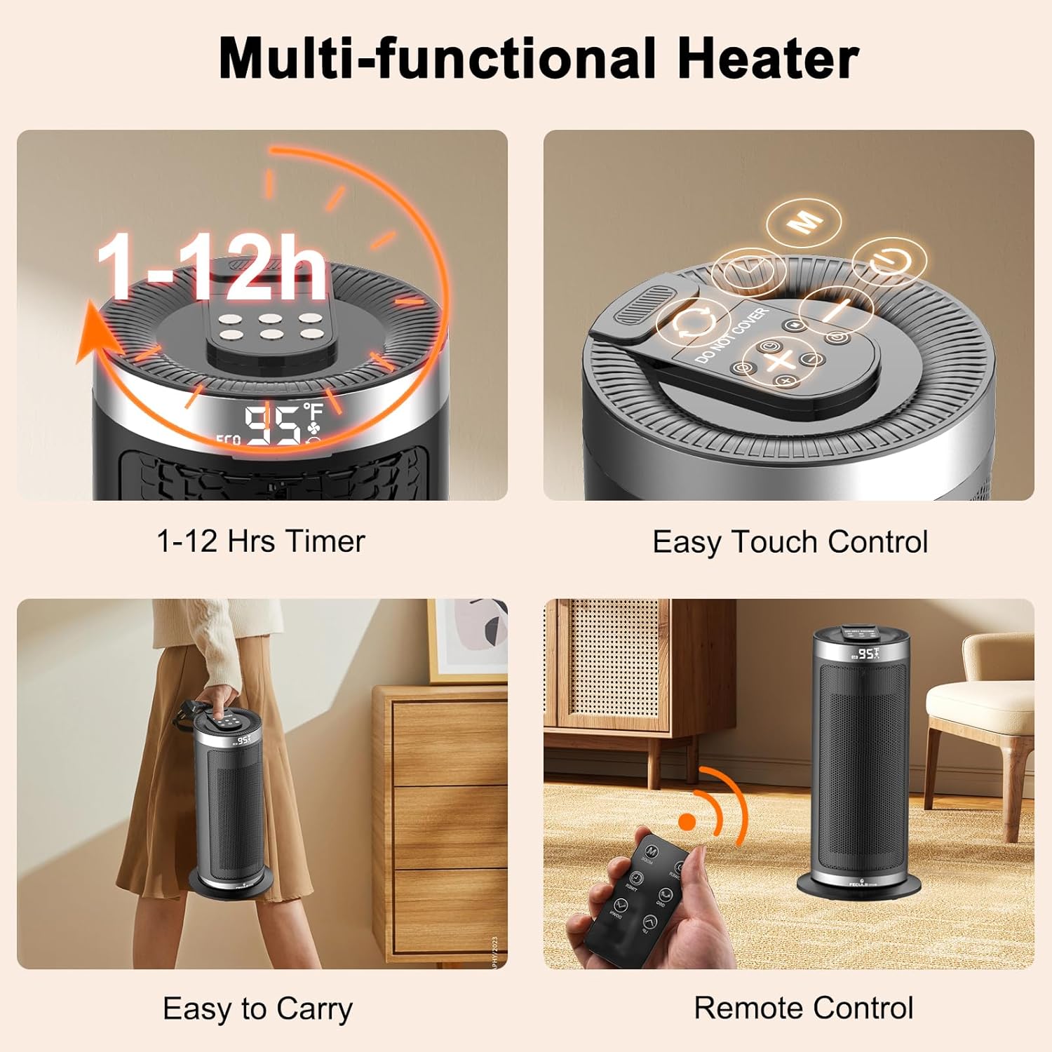 Calentador de espacio de 1500 W de 16 pulgadas con control remoto y termostato,...