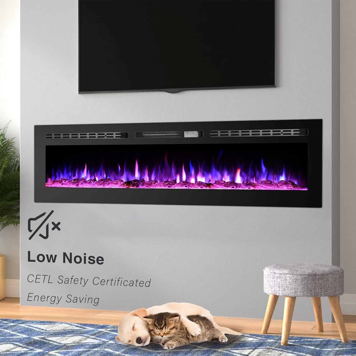 Chimenea eléctrica de 60 pulgadas, chimenea silenciosa montada en la pared,