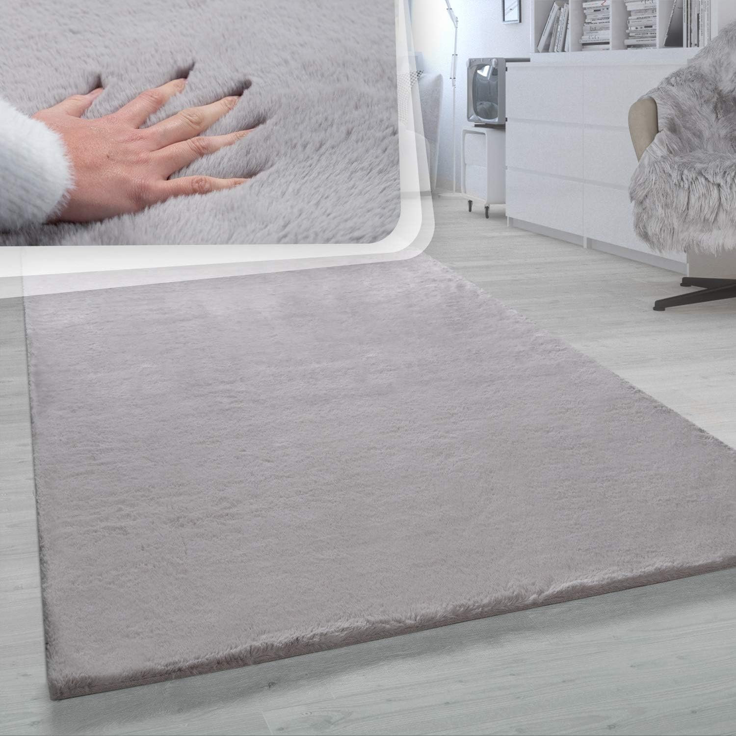 Paco Home Alfombra de pelo sintético súper suave en gris sólido, tamaño 6'7" x...