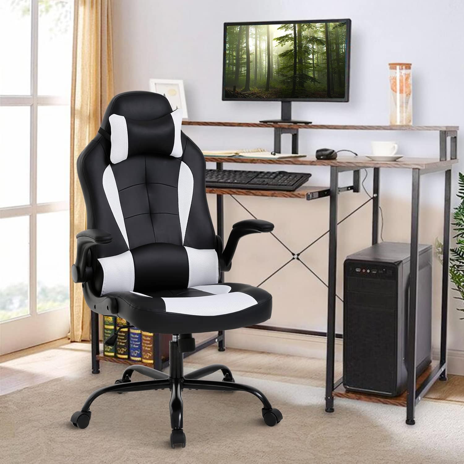Silla de videojuegos, silla de computadora de piel sintética ajustable con...