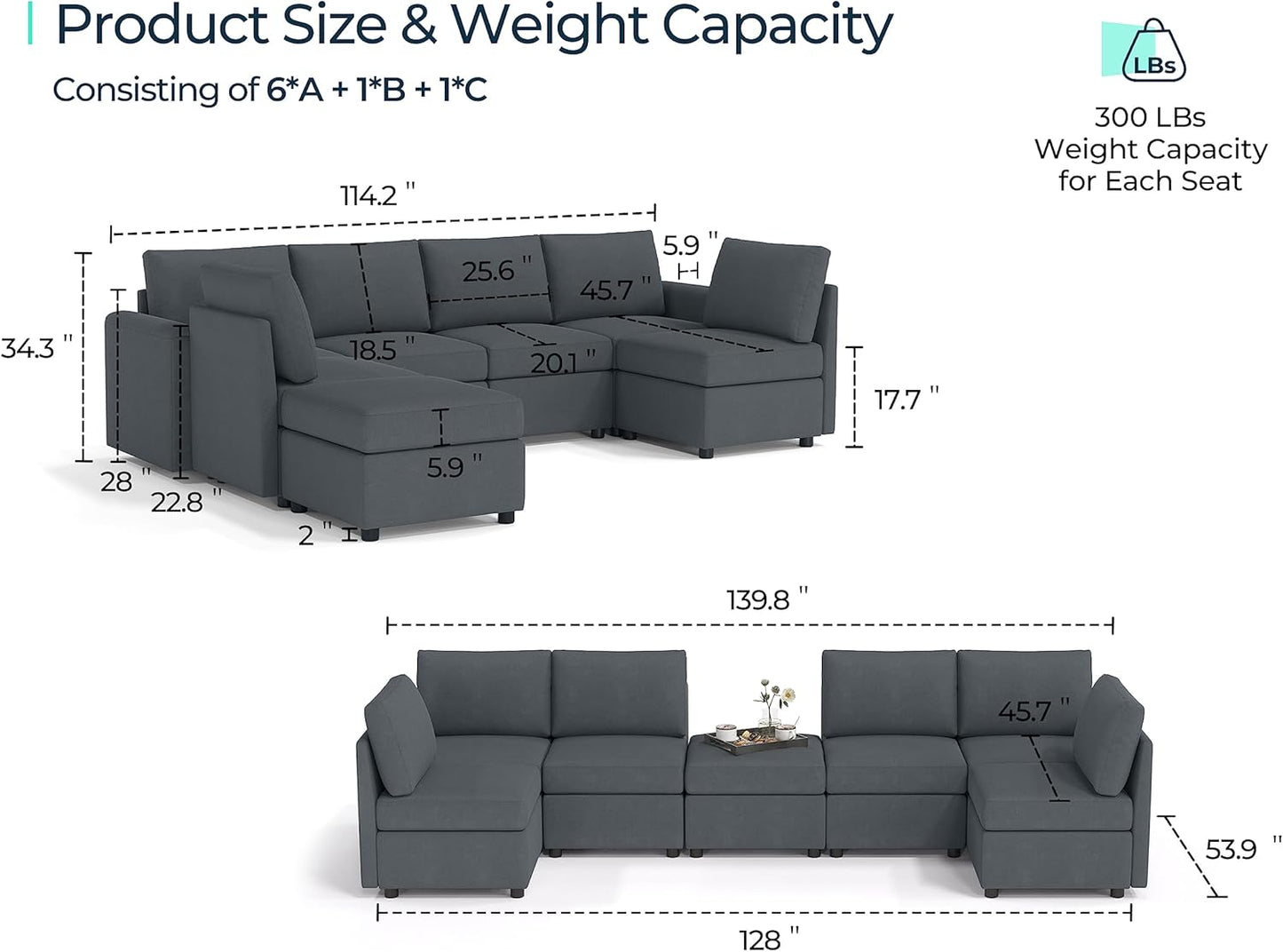 LINSY HOME Sofá modular seccional, sofá de gran tamaño en forma de U con...