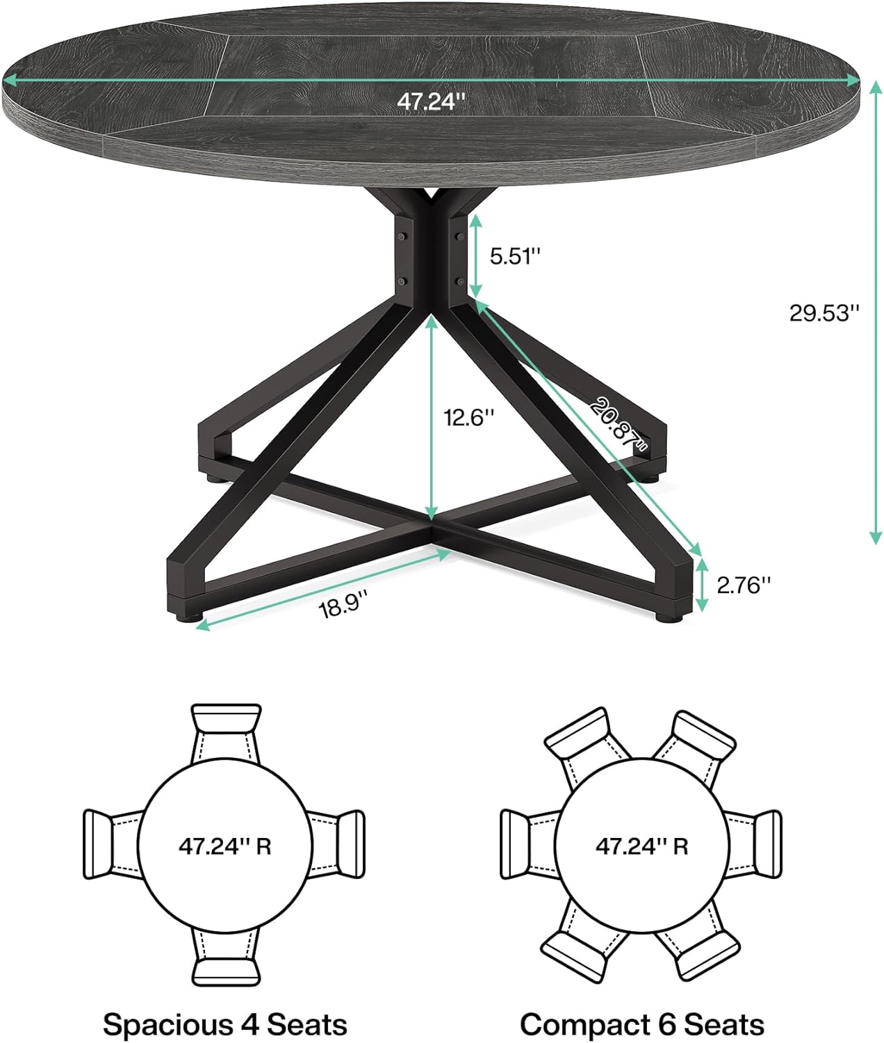 Round Dining Table for 4-6 People, 47-Inch Circle Kitchen Table Dining Room