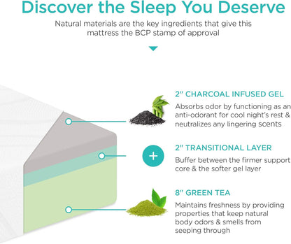 Colchón de espuma viscoelástica de gel refrescante de carbón de té verde de 12