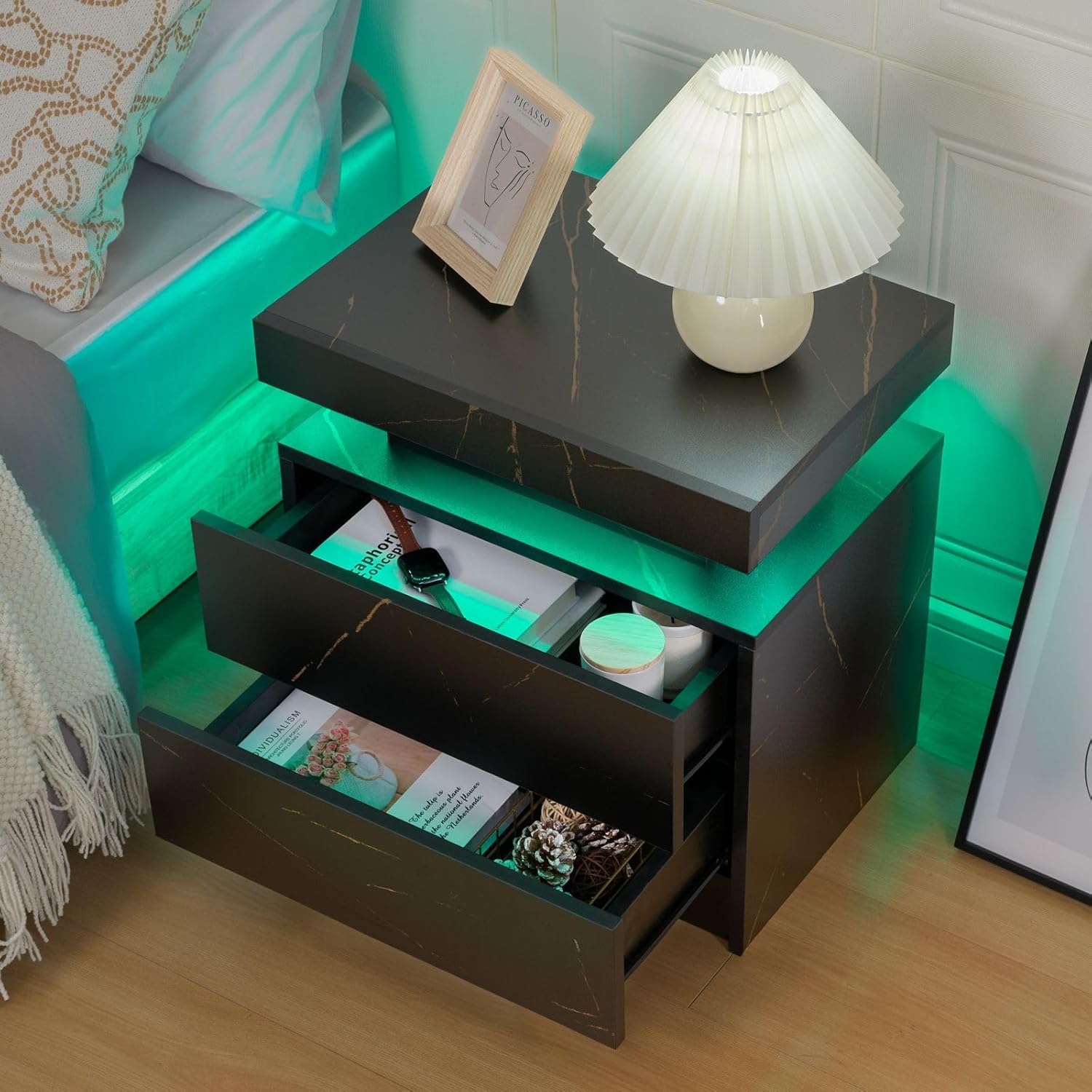 Juego de mesita de noche de 2 luces LED con 2 cajones con cajones para...