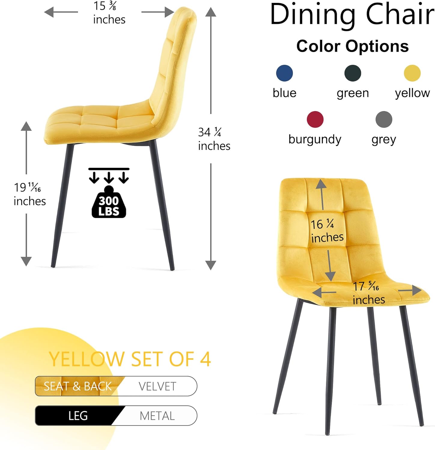 NORDICANA Juego de 4 sillas de comedor de terciopelo amarillo, modernas sillas