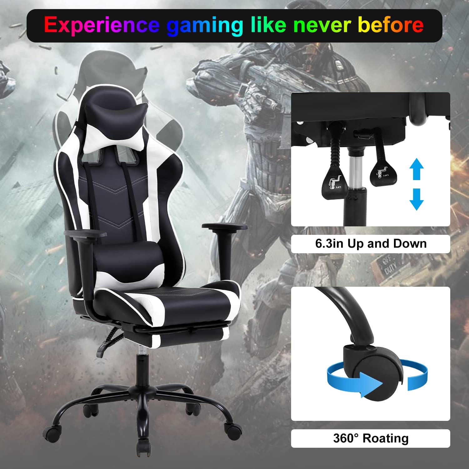 Silla para videojuegos, silla ergonómica para juegos con reposapiés reclinable,...