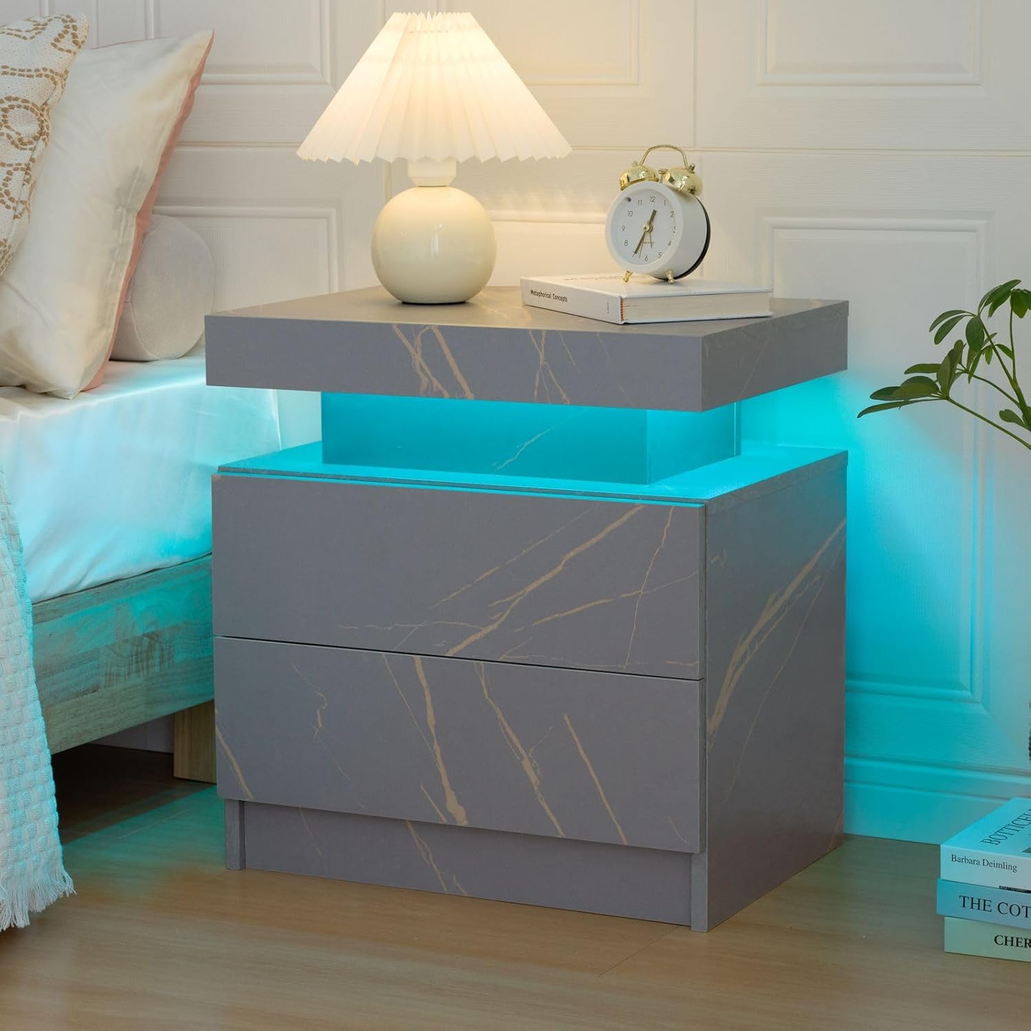 Mesita de noche LED con 2 cajones, mueble de madera con luces LED para...