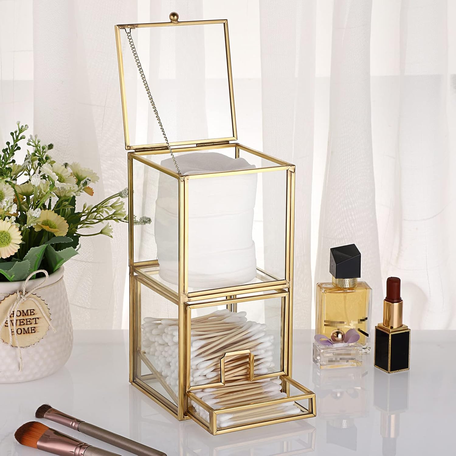 Hipiwe Soporte Qtip de vidrio dorado con tapa, 2 compartimentos, bolas de...