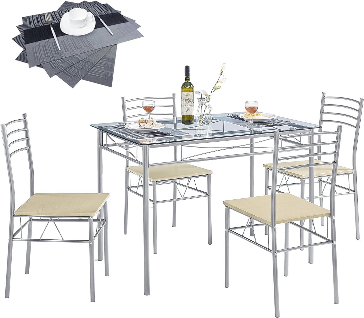 VECELO Mesa y sillas de comedor de cocina, 4, juegos de comedor de 5 piezas,