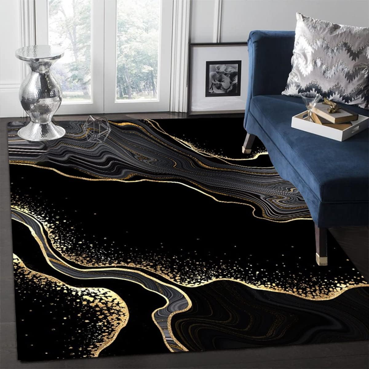 Cekaso Alfombra abstracta moderna de color oro negro de 8 x 10 pulgadas,...