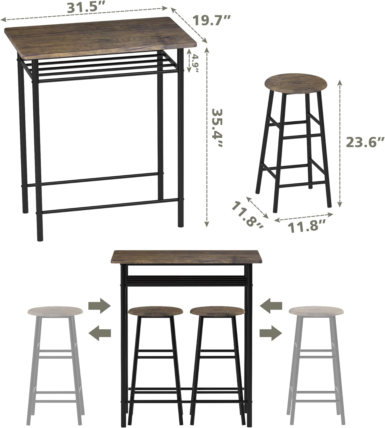 Mesa de bar con 2 taburetes de bar juego de mesa de comedor de pub mostrador de