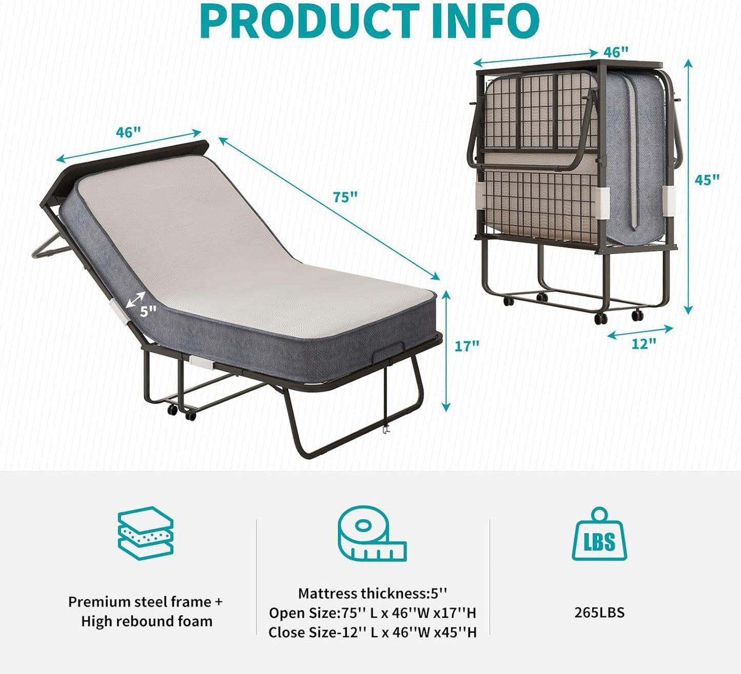 Cama plegable con colchón para adultos, cama plegable de 75 pulgadas de largo x