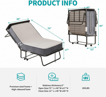 Cama plegable con colchón para adultos, cama plegable de 75 pulgadas de largo x