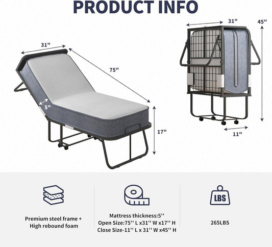 Cama plegable, cama plegable de 75 x 31 pulgadas con colchón de 5 pulgadas de