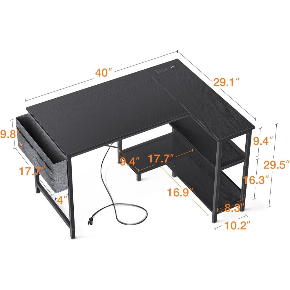 Escritorio Gamer En L, ODK, Con Tomas De Corriente, Estantes De almacenamiento Reversibles Y Soporte De PC