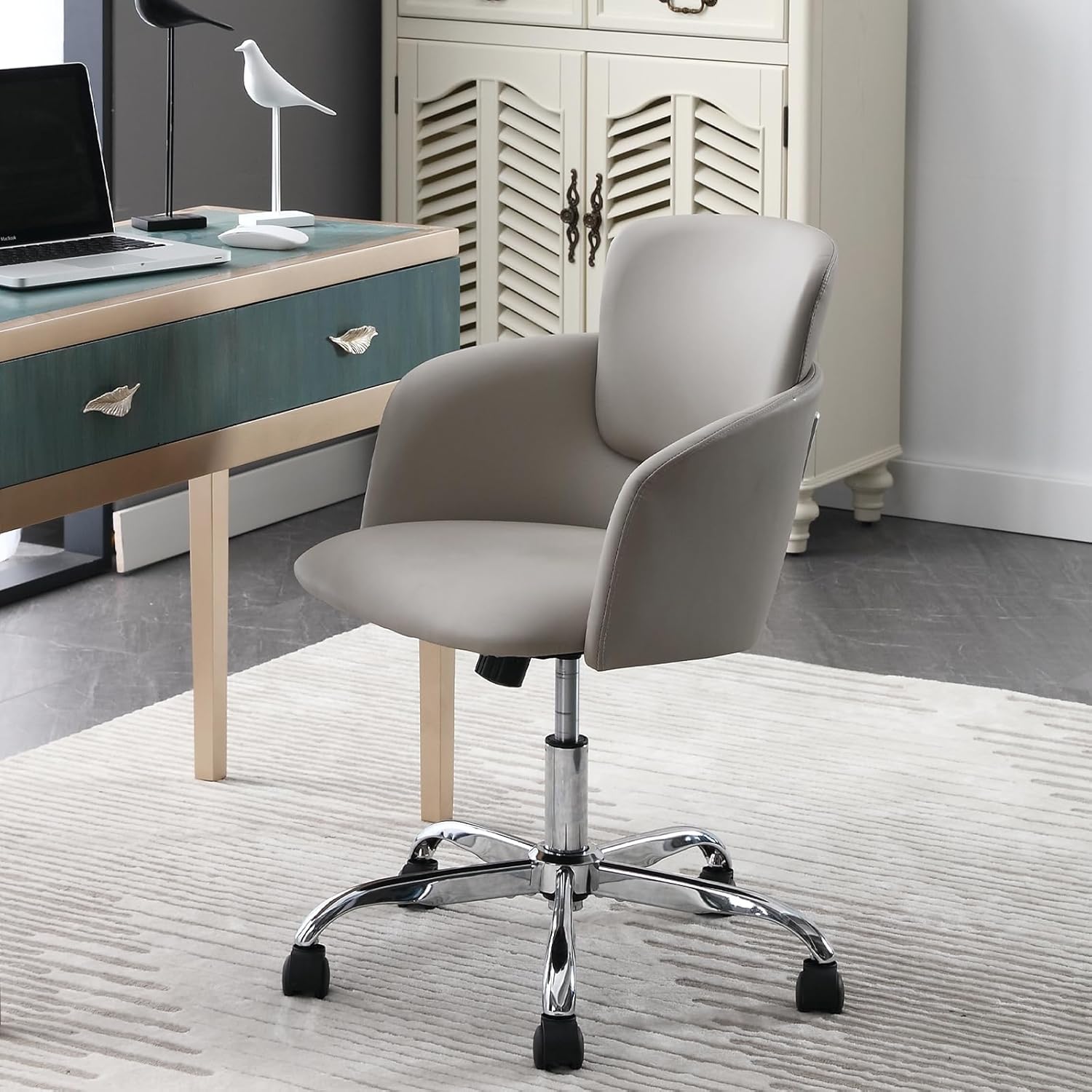 Silla de oficina en casa con ruedas, altura ajustable, de piel sintética,...