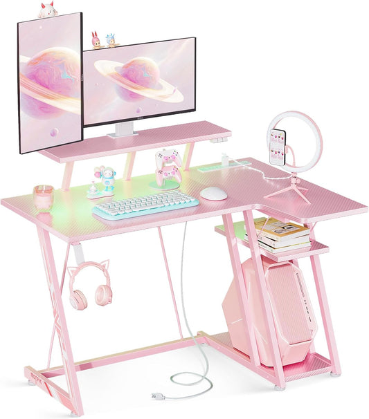 MOTPK Escritorio rosa para juegos en forma de L con luces LED, escritorio de...