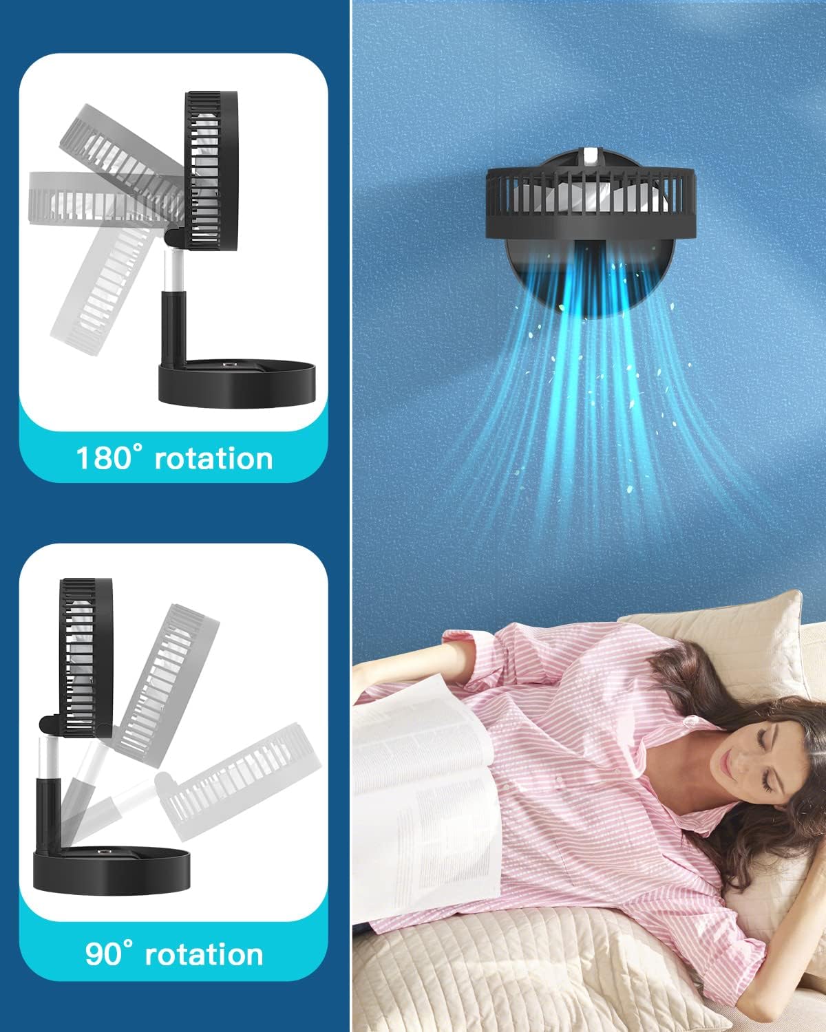 AICase Ventilador de pie, plegable, portátil, telescópicoUSB, con batería...