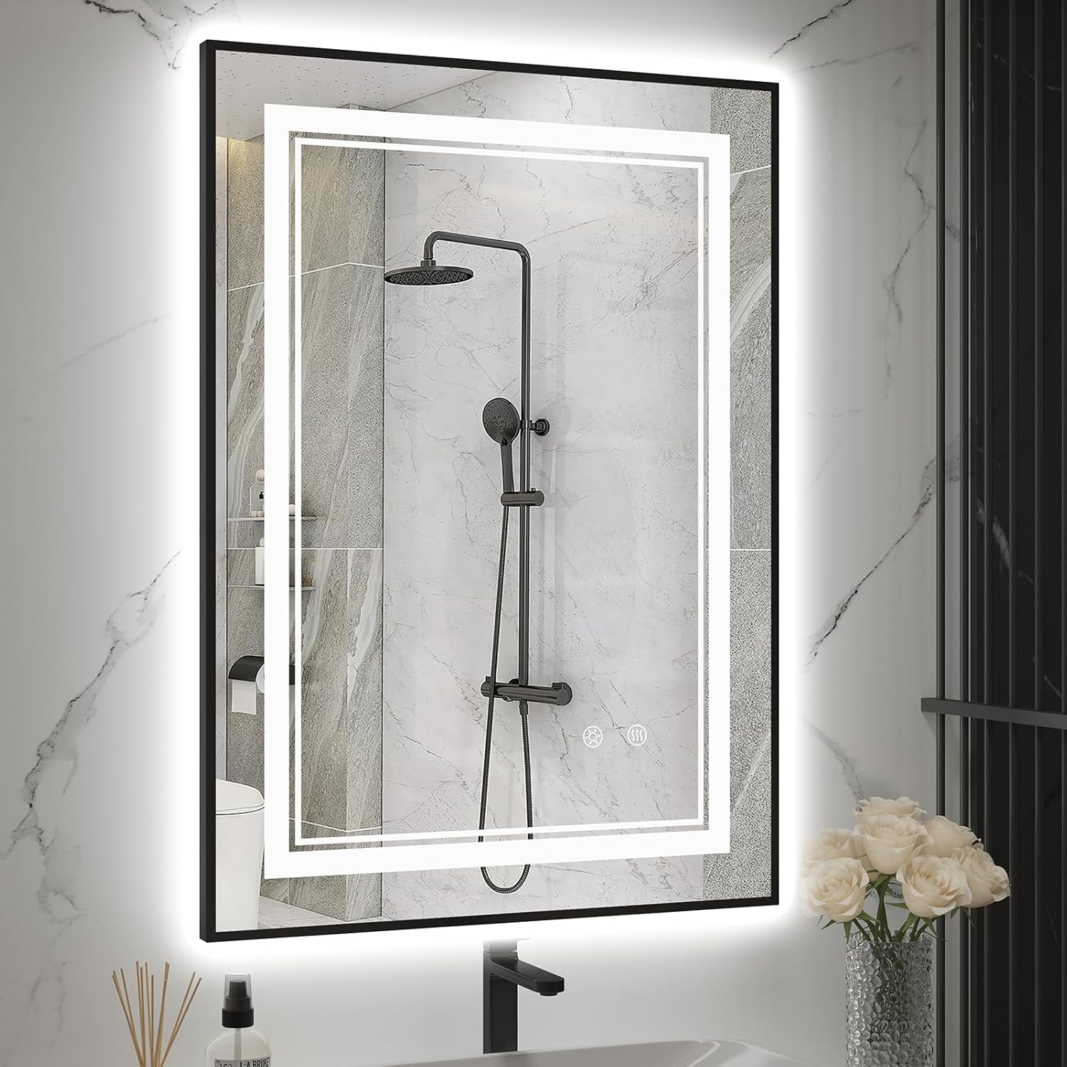 Espejo LED para baño de 20 x 28 pulgadas, espejo de baño LED negro con parte...