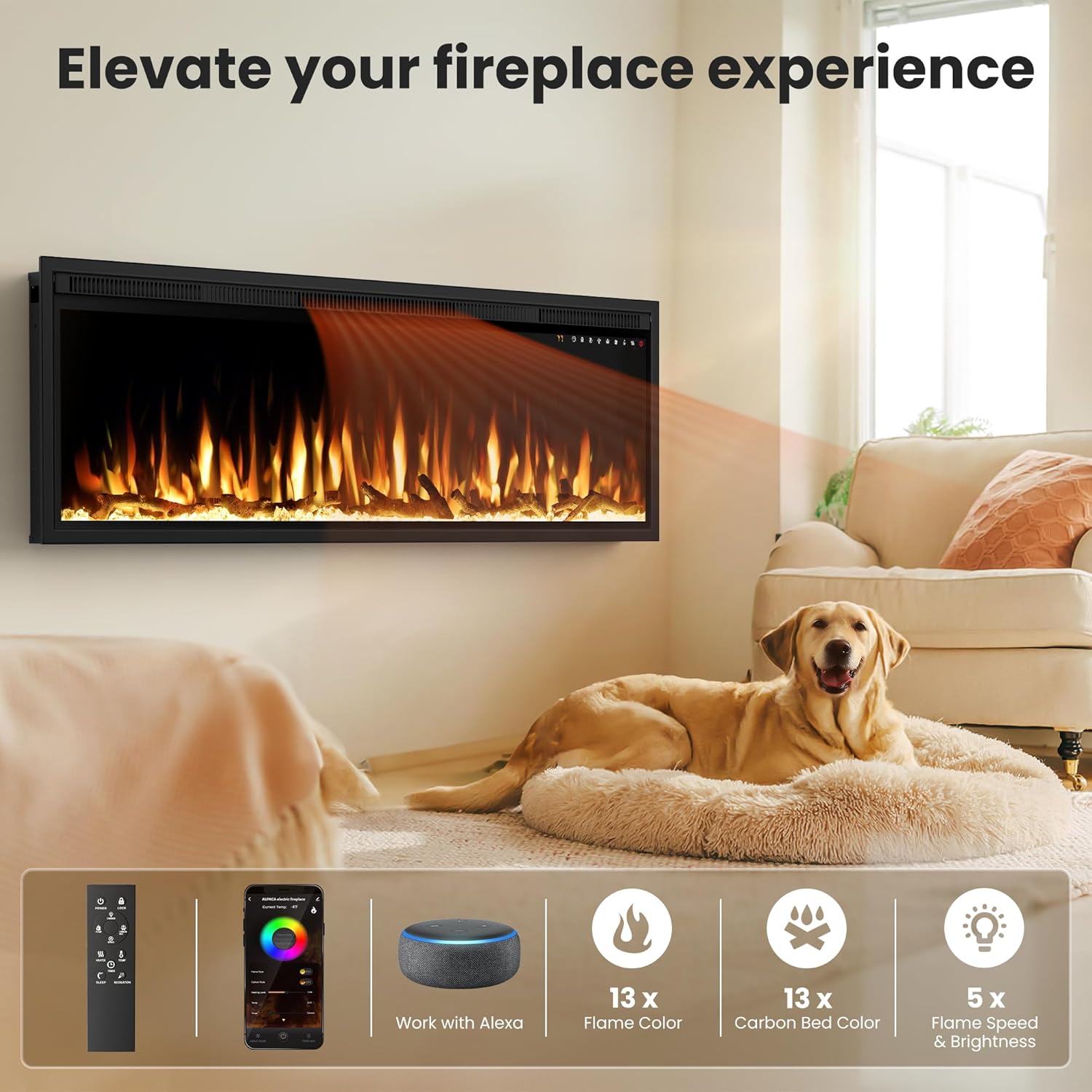 Smart - Calentador eléctrico de chimenea de 60 pulgadas habilitado para WiFi,...