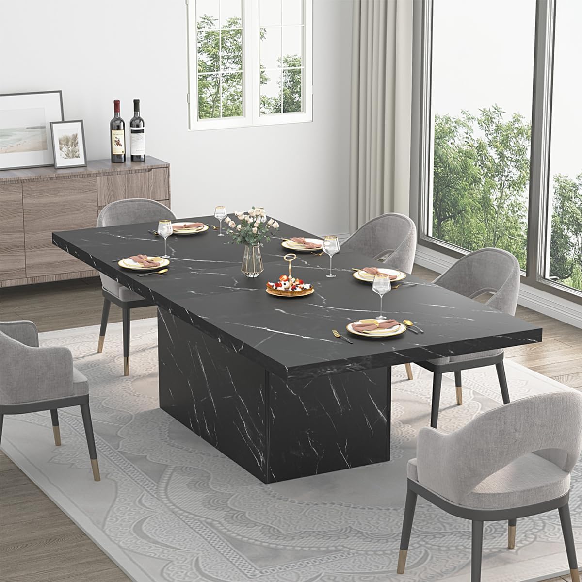 Mesa de comedor moderna negra, mesa de comedor de mármol sintético de granja,