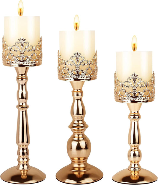 Portavelas para velas de pilar, juego de 3 candelabros altos dorados, vintage,...