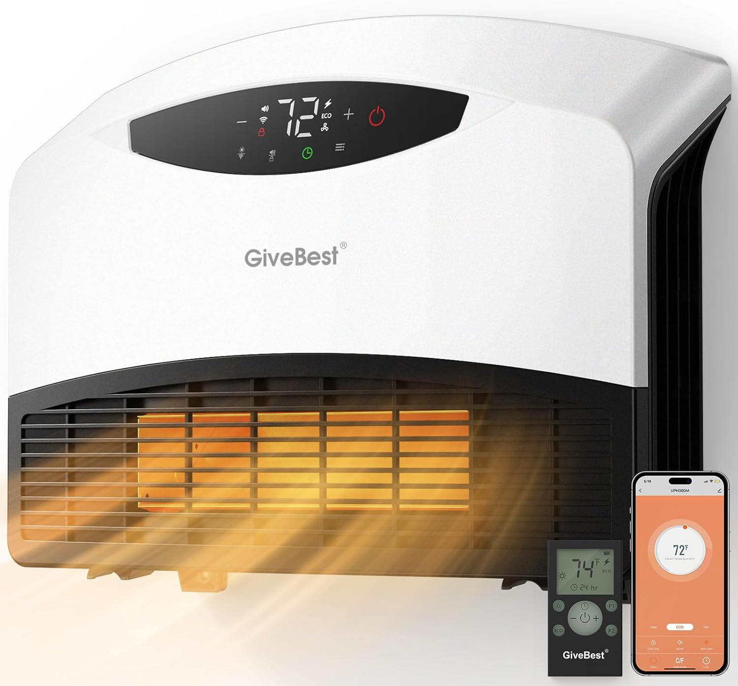 GiveBest Calentador eléctrico de pared con WiFi y control remoto, calentador...