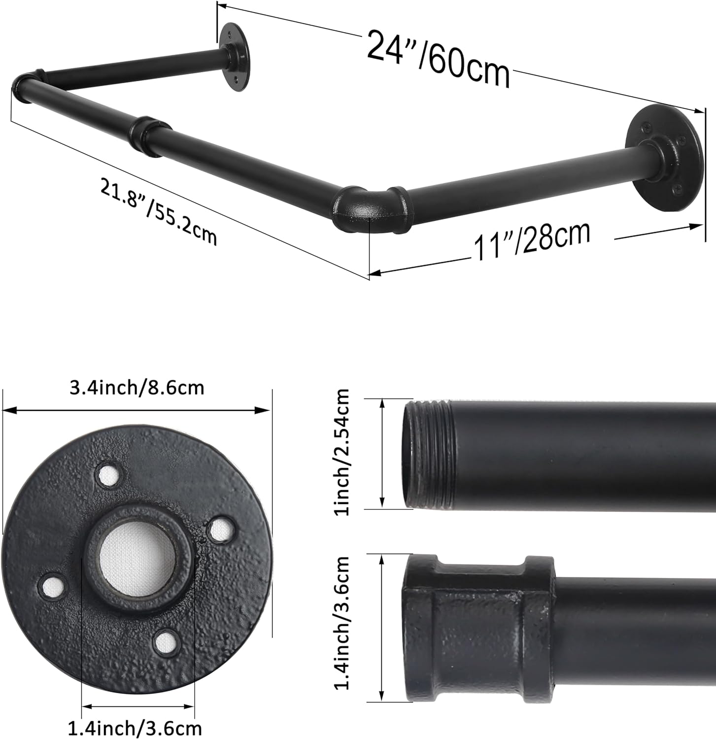 Perchero de montaje en pared, 24 pulgadas, tubo industrial para colgar ropa,