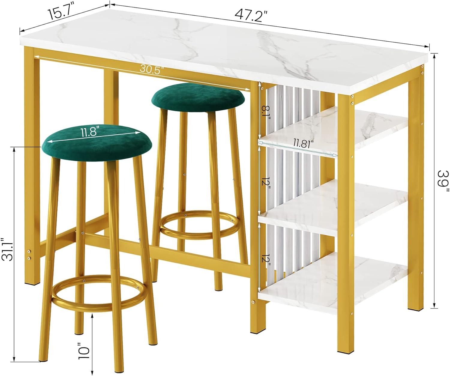 Juego de mesa de bar de 3 piezas, mesa de pub de mármol sintético con estantes