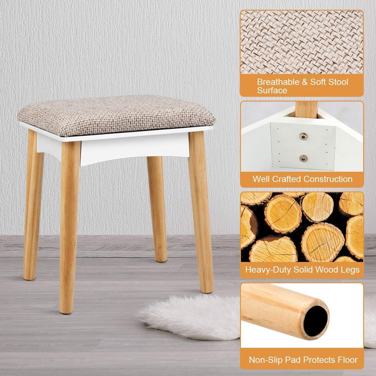CHARMAID Juego de tocador de maquillaje con 6 cajones, tocador con taburete...