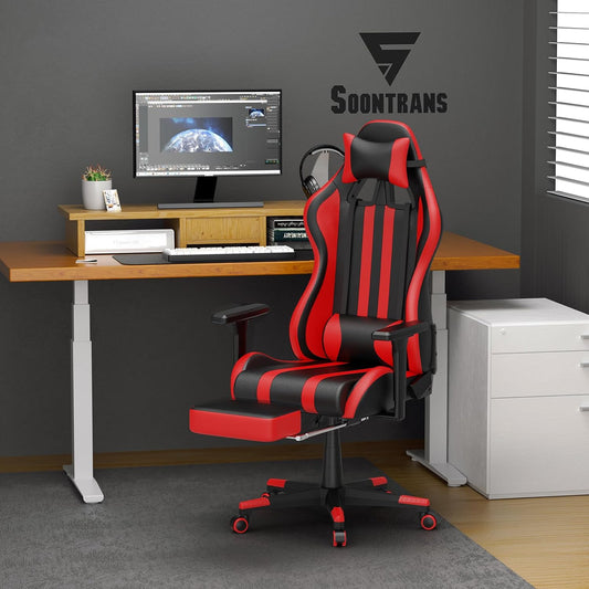 Soontrans Silla roja para juegos con reposapiés, sillas ergonómicas de carreras...