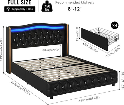 Base de cama con plataforma LED inteligente con 4 cajones de almacenamiento,