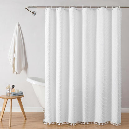Cortina de ducha bohemia blanca de tela tejida de 72 x 78 pulgadas, moderna