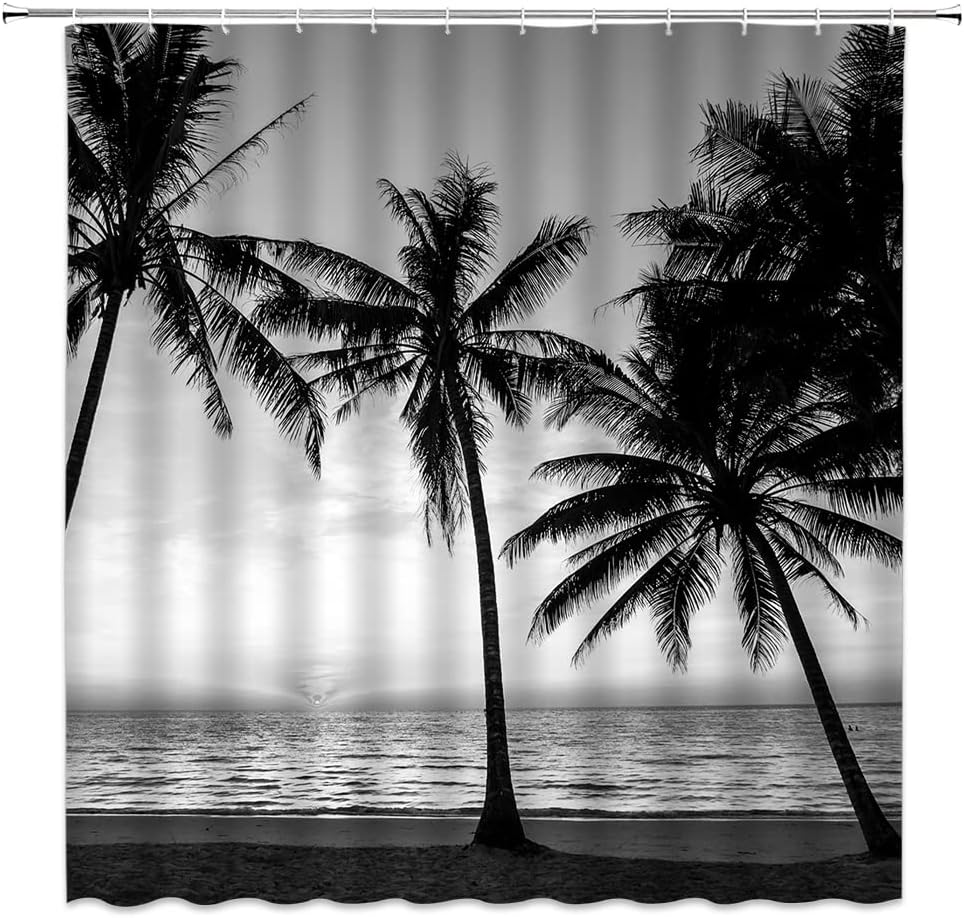 Cortina de ducha de palmera blanca y negra, playa, paisaje tropical, selva,...