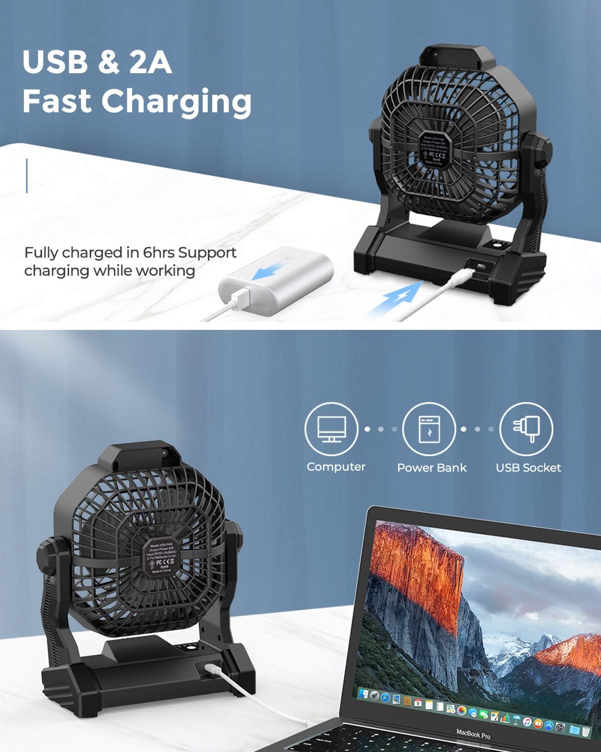 Ventilador de camping con linterna LED, ventilador de batería recargable de 9...
