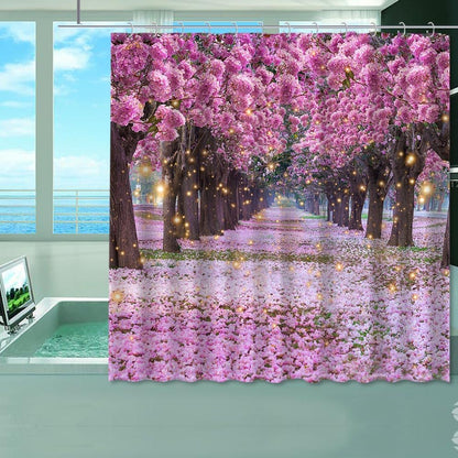 Cortina de ducha de baño rosa con diseño de cerezo de cerezo, selva,