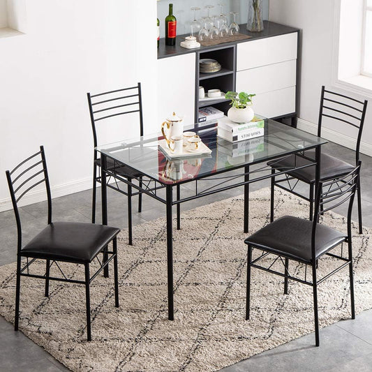 Juego de mesa de comedor de 5 piezas con 1 mesa de comedor de cristal y 4