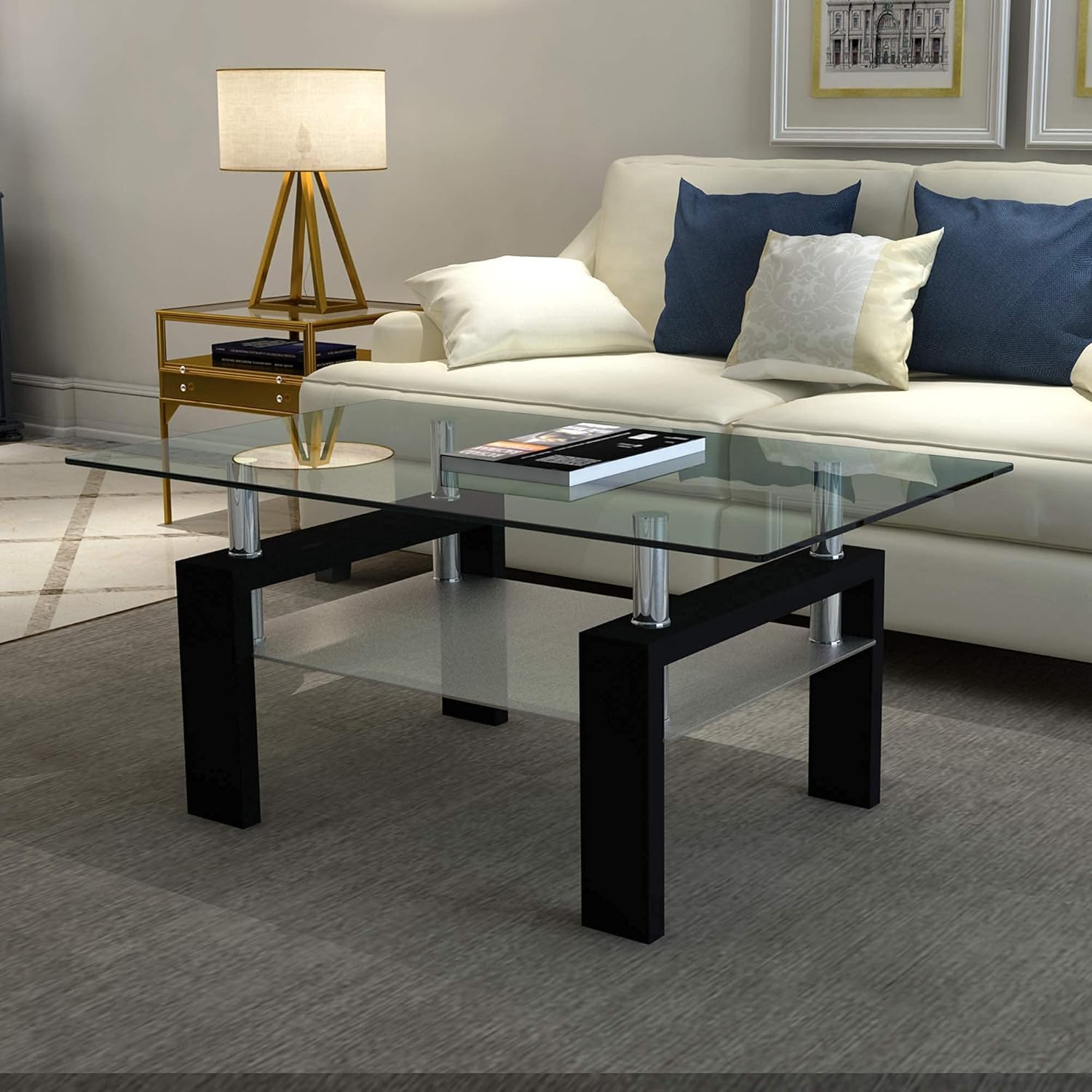 Meihua Mesa de centro de cristal para sala de estar, mesa auxiliar moderna...
