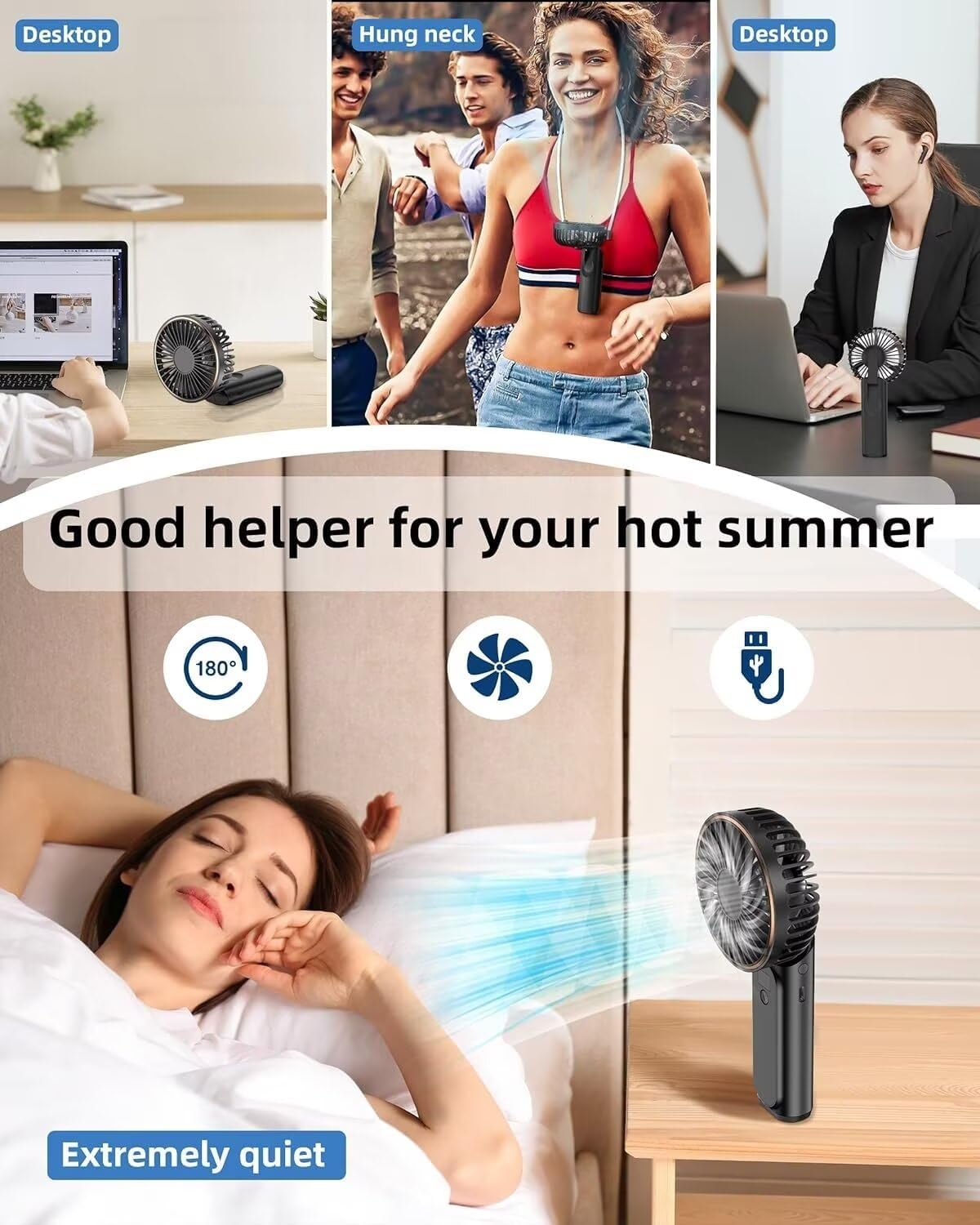 Ventilador de mano portátil recargable, 4000 mAh, ajustable en 180, 6...